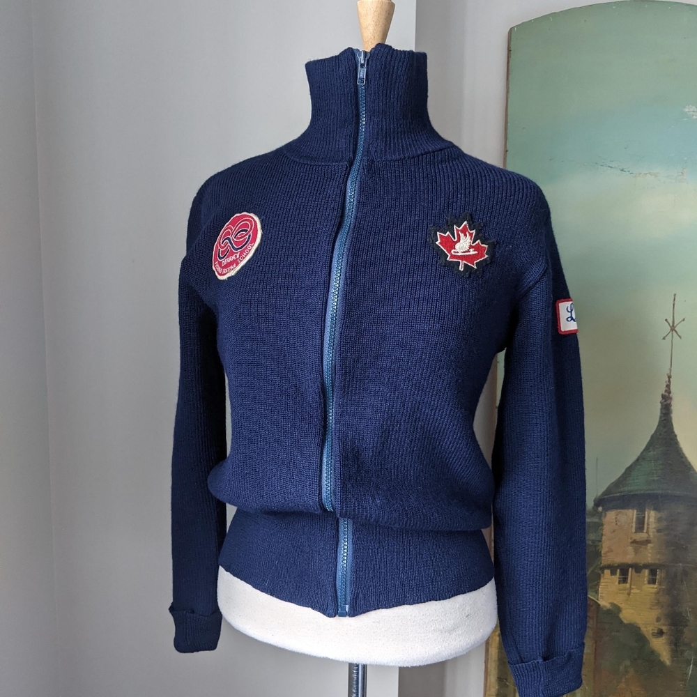 Vintage 1970s Navy Wool Figure Skating Zip Front Sweater
